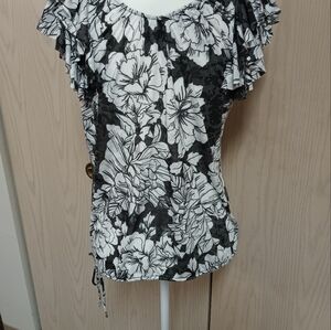 INC Black and White Floral Top with Ruffles Medium